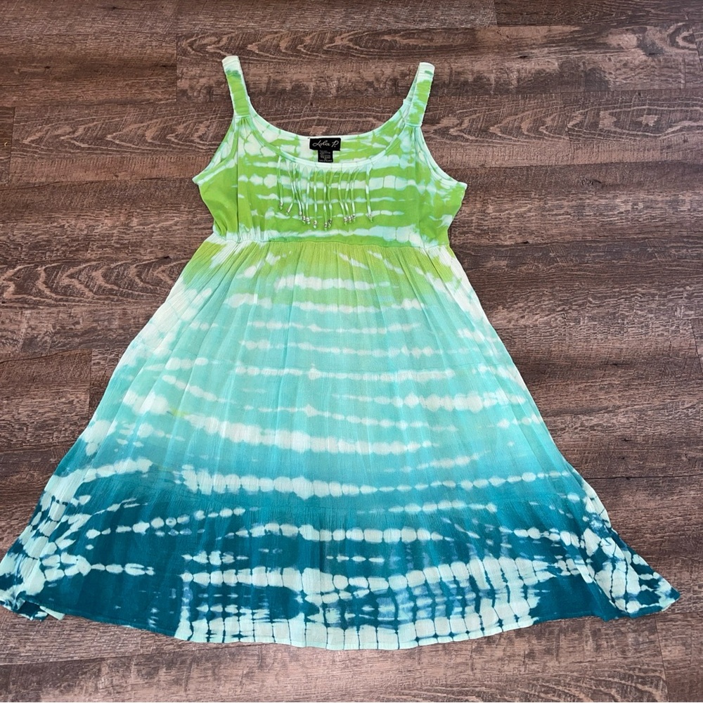 Lola P Tie Dyed Colorful Comfy Cotton Midi Beach Relaxed Fringe Dress Size Large
